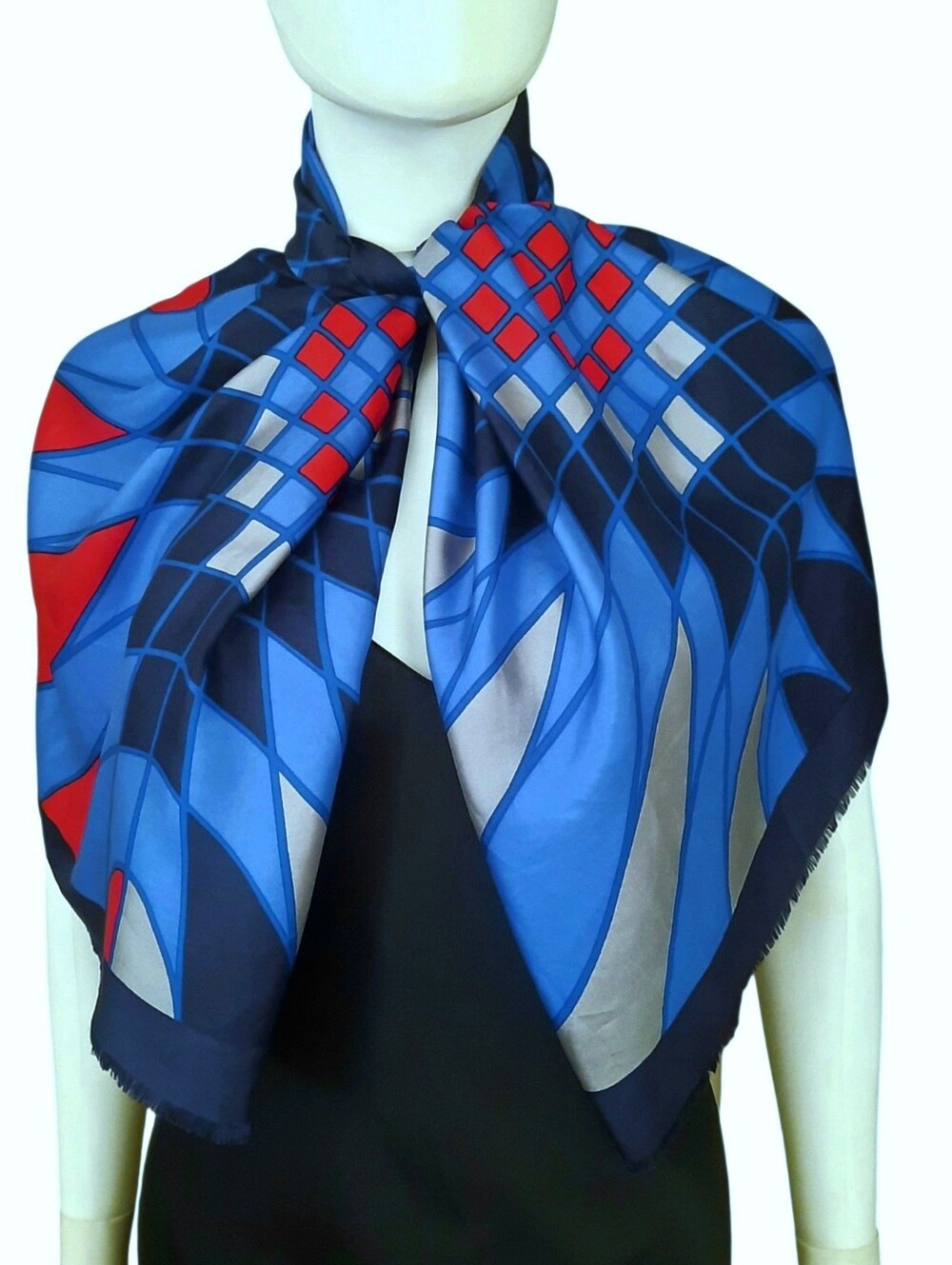 Vintage PIERRE CARDIN Op-Art Mod Sunbrust Print Silk Scarf 54"x22" Blue/Red/Grey